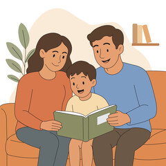 Illustration of a happy family reading a book together on a couch, representing bonding, education, and quality time.