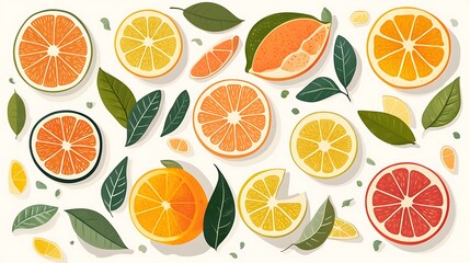 A minimalistic flat lay of citrus slices and leaves on a white background, clean editorial style, soft pastel accents, symmetrical arrangement. Created Using: flat vector design, minimalist layout,