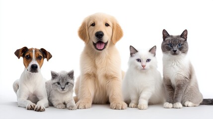 Obraz premium A cheerful group of pets gathers for a group photo. A golden retriever puppy sits proudly among playful kittens. This joyful scene captures the love between animals. AI