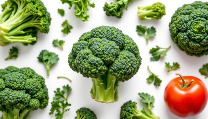 Fresh Green Broccoli with Parsley Leaves and Red Tomato on White Background Perfect for Healthy Eating and Culinary Use