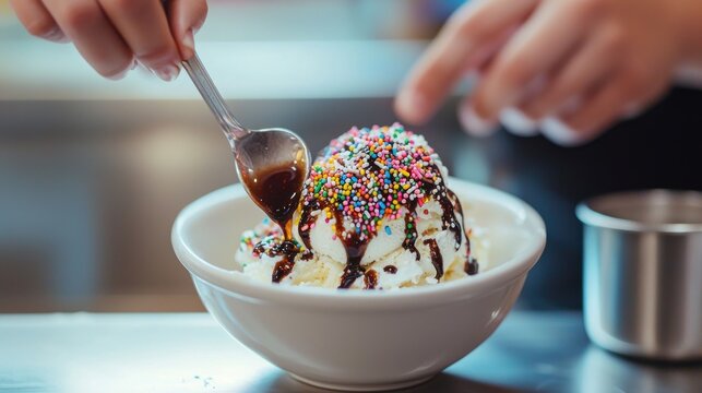 5. The stock photo shows a person adding sprinkles and syrup as toppings to a delicious bowl of ice cream. 