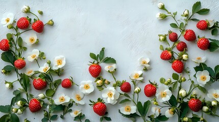 A minimalistic flat lay of strawberries and vintage flowers on a white background, clean editorial look, soft pastel accents, symmetrical layout. Created Using: flat vector design, minimalist layout,