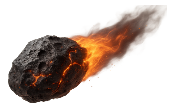 Fiery meteor with glowing surface and trailing flames in motion on transparent background.