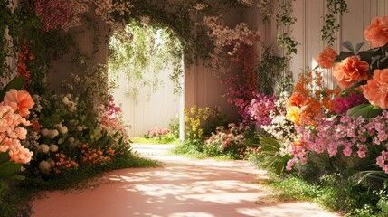 Floral indoor pathway. Sunlight streams through archway
