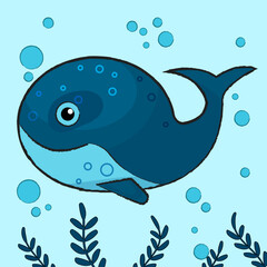 Cartoon whale in the ocean, children's vector picture. The image is in the style of a pencil drawing.
Illustration of a marine mammal.
