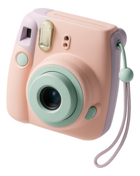 Pastel-colored instant camera with lens and wrist strap, designed for easy and quick photo capturing on transparent background.