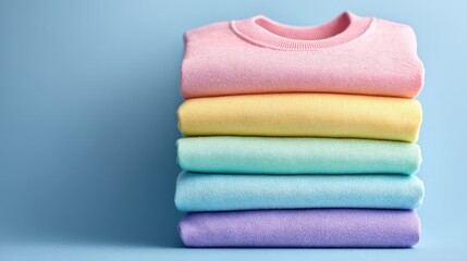 Stack of pastel sweaters: A pile of neatly folded knitted garments in pink, yellow, green, blue, and purple, against a matching pastel blue background.