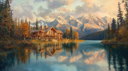 Fototapeta premium Tranquil mountain lodge by a serene lake at sunrise. Rustic cabin reflects on glassy water, autumnal trees surround the tranquil scene