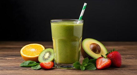 Fototapeta premium green smoothie, smoothie, healthy smoothie, Green Smoothie with Avocado, Kiwi, Orange, and Strawberry