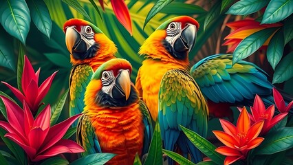Vibrant tropical backdrop features colorful parrots amidst lush exotic foliage, creating a lively scene.