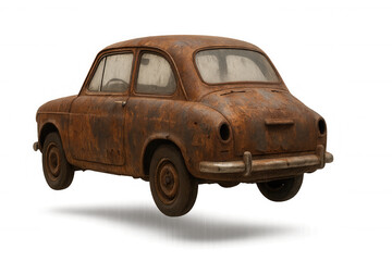 Vintage rusted car with a weathered exterior and missing tail lights, showcasing age and decay on transparent background.