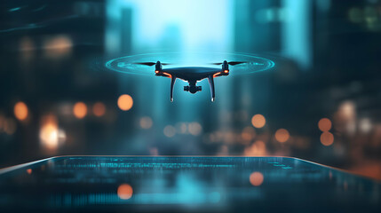 Fototapeta premium High-Tech Drone Flying Over Urban Landscape at Night with Lights