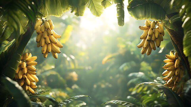 A tropical jungle border with bananas hanging and monstera leaves surrounding, lush green foliage in background, misty air, sunbeams piercing through. Created Using: digital painting, jungle realism,
