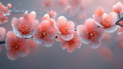 Delicate cherry blossom branch with pale pink flowers blooming against a soft, neutral backdrop.