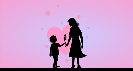 Horizontal banner on a pink background with floral ornament and hearts. Mother's day vector illustration. a boy gives flowers to his mother. Happy Mother's Day. Vector 02.