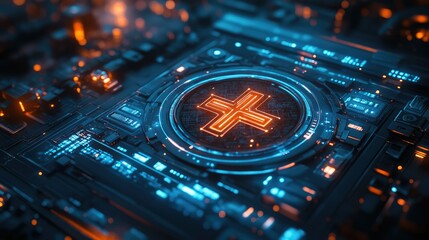 Fototapeta premium Glowing cross symbol on futuristic circuit board