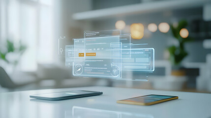 Futuristic Digital Interface with Touchscreen Devices and Data Overlay