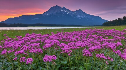 Obraz premium Majestic Mountain Sunset Over a Serene Lake with Vibrant Purple Flowers in Bloom
