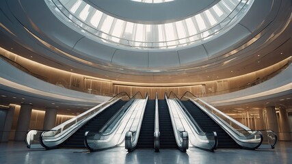 Fototapeta premium Interior view of escalators in a modern building with a circular skylight.