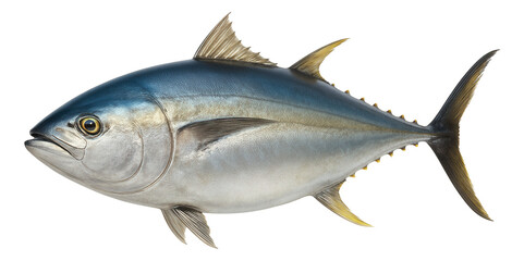 Fototapeta premium Realistic illustration of a large blue and silver tuna fish with prominent fins and streamlined body on transparent background.