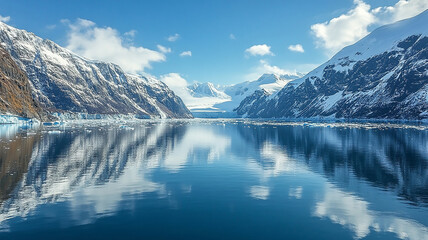 Snowy mountain range reflecting in icy blue glacial lake