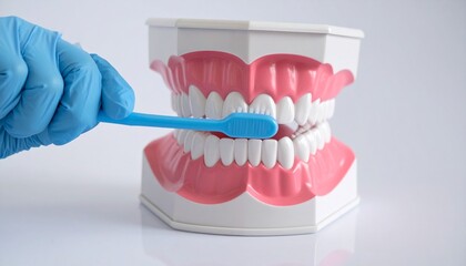 A hand wearing a blue glove brushing the teeth of a dental model with a blue toothbrush, showing perfect oral health