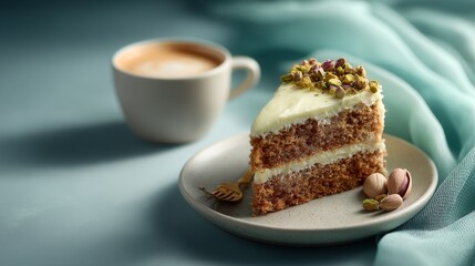Inviting pistachio cake placed near right corner on soft pastel background with cozy afternoon breeze light, clear texture details, delicious dessert, elegant food styling, warm comforting mood.