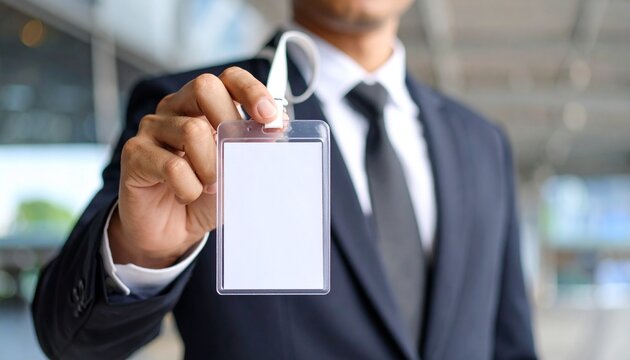 A professional person is holding up a blank id card in his hand 