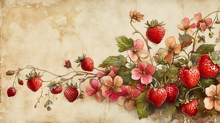 A vintage watercolor painting of strawberries and delicate flowers forming a border, soft reds and pinks, aged parchment background, gentle sunlight glow. Created Using: watercolor brushes,