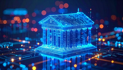 Digitally rendered glowing bank building, surrounded by abstract digital data