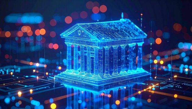 Digitally rendered glowing bank building, surrounded by abstract digital data
