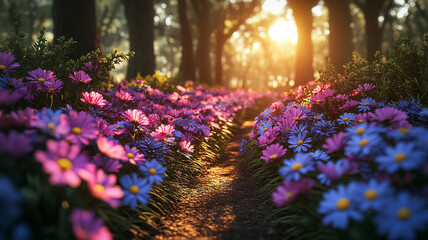 Obraz premium Vibrant flower trail in sunlit forest glowing with pink and purple petals