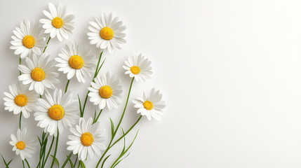 Fototapeta premium Fresh white daisies with yellow centers arranged beautifully on light background, evoking sense of tranquility and joy