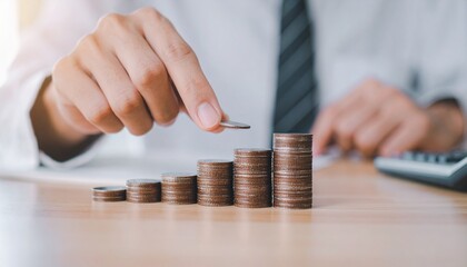 A person stacks coins, showing financial growth