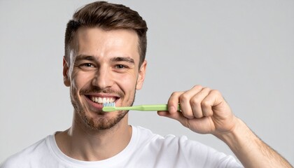 Smiling man brushing his teeth with a toothbrush. Healthy habits, dental care, oral hygiene