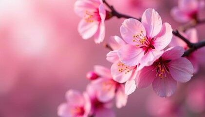 Bold pink sakura blossoms, full bloom, overlapping petals, vibrant background , botanical, branch
