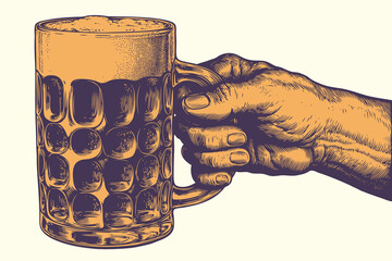 A hand with a beer mug. Editable hand drawn illustration. Vector vintage engraving. 8 EPS