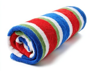 A rolled-up striped beach towel in vibrant red, blue, green, and white. Perfect for summer adventures!