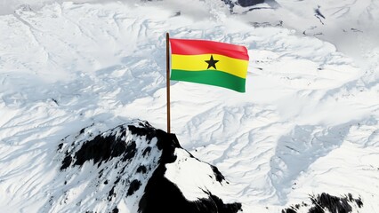 High-resolution 3D image of Ghana's flag, with red, yellow, green stripes and a black star, proudly waving atop a snow-covered mountain peak, symbolizing unity, resilience, and national pride.

