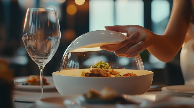 Woman's hand covering dish with dome.