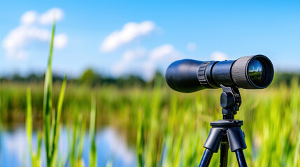 High quality spotting scope positioned tripod, overlooking vibrant wetland landscape clear blue sky. scene evokes sense