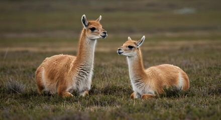 Fototapeta premium guanaco, guanacos, llama, Two Guanacos Resting in Patagonian Grassland