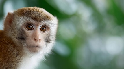 Fototapeta premium A close-up portrait of a curious monkey showcasing its expressive eyes and delicate features. This nature photography captures the essence of wildlife and brings nature closer to our lives. AI