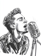 Passionate Singer at Microphone Black and White Stipple Illustration