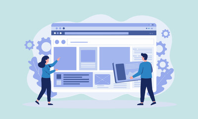 Website Development and Database Administration Illustration. Flat illustration of two people working on website development and database administration.