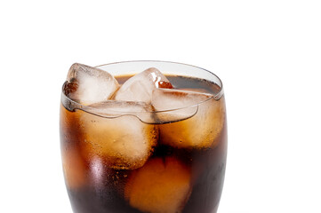 Close-up of cola with ice cubes on white background. Detailed close-up of a glass of cola with ice...