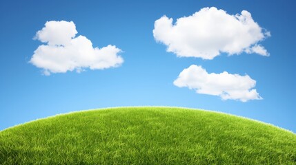 Fototapeta premium A green grassy hill under a clear blue sky with fluffy white clouds.