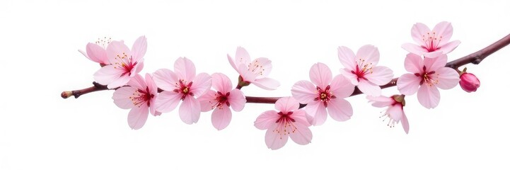 Delicate cherry blossoms branch isolated on a white background with soft pink hues and subtle leaf textures, delicate, trees, floral