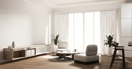 Cabinet room wooden interior armchair sofa and decoration modern style.3D rendering