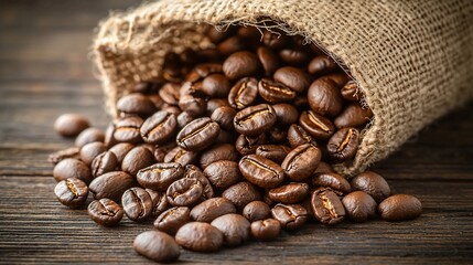 Roasted coffee beans spilling from burlap sack